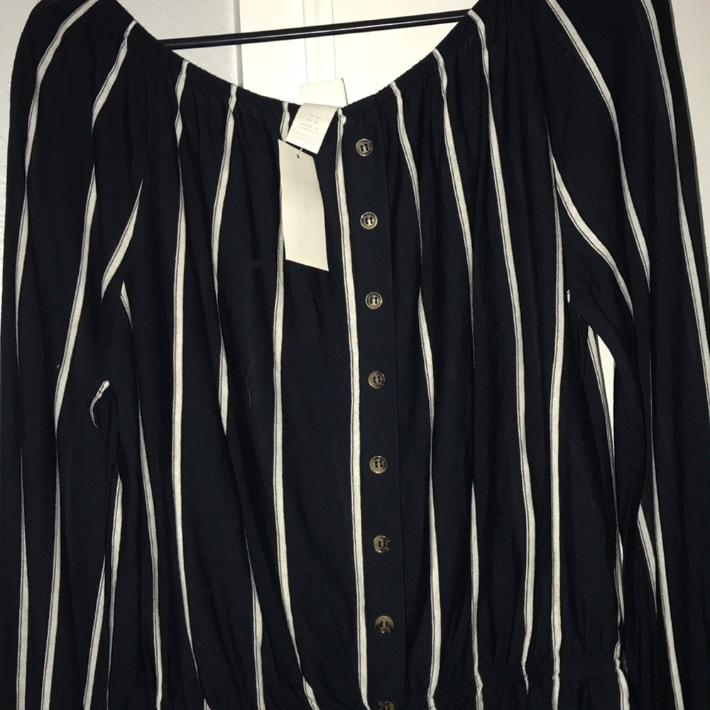 off the shoulder navy and white striped shirt